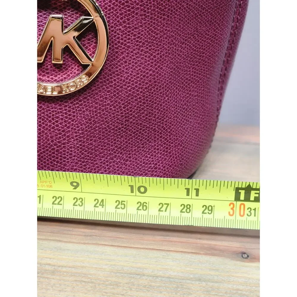 Michael Kors Burgundy Tote Shoulder Bag Gold Hardware Logo Charm Beige Straps